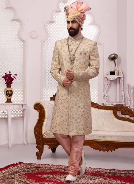Light Pink Wedding Wear Embroidery Work Sherwani Groom Latest Collection 9007